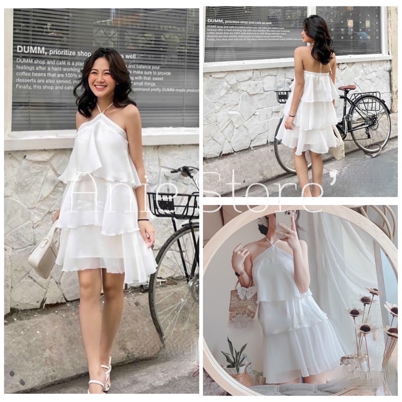 Đầm Trắng Cổ Yếm 3 Tầng 🦋 Váy Nữ Hở Vai Dáng Xòe Chất Lụa 🦋 | BigBuy360 - bigbuy360.vn