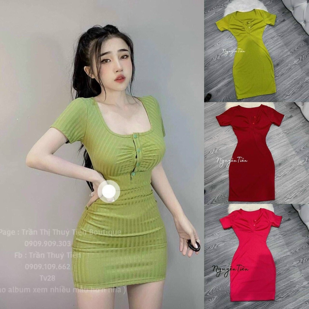 Đầm body tay ngắn cổ vuông nhúm nút thun gân hot MS50