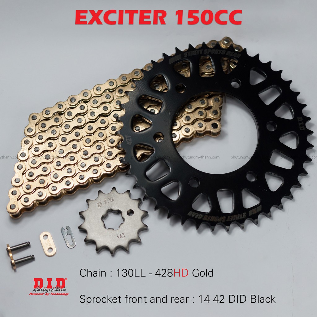 Nhông sên dĩa Exciter 150 14-42 sên vàng 10 ly DID, dĩa DID
