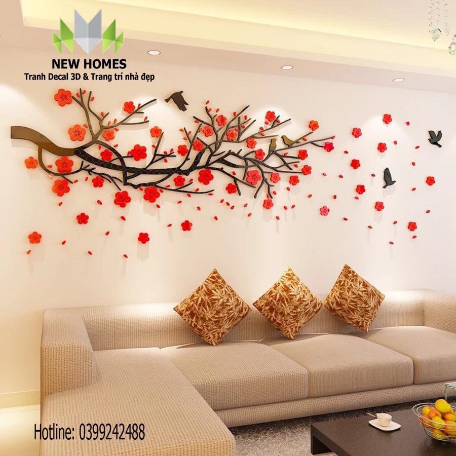 Tranh dán tường mica-HOA ĐÀO-trang trí phòng khách,phòng ngủ,quán cafe,trang trí tết