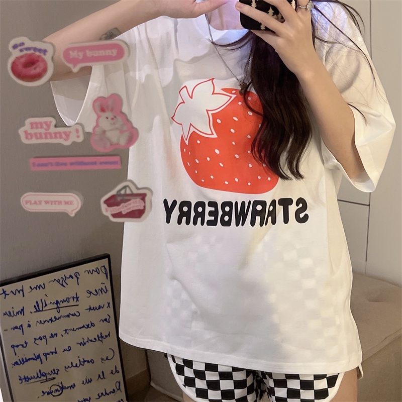 SUXI Áo Thun Ngắn Tay Dáng Rộng In Họa Tiết Trái Cây Đơn Giản Xinh Xắn Cho Nữ