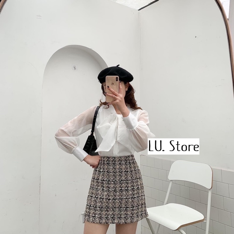 Áo Sơ Mi Nữ Voan trắng kiểu Organza buộc nơ tay phồng thiết kế dáng suông tiểu thư đẹp trẻ trung cúc ngọc Hàg Quảng Châu | BigBuy360 - bigbuy360.vn