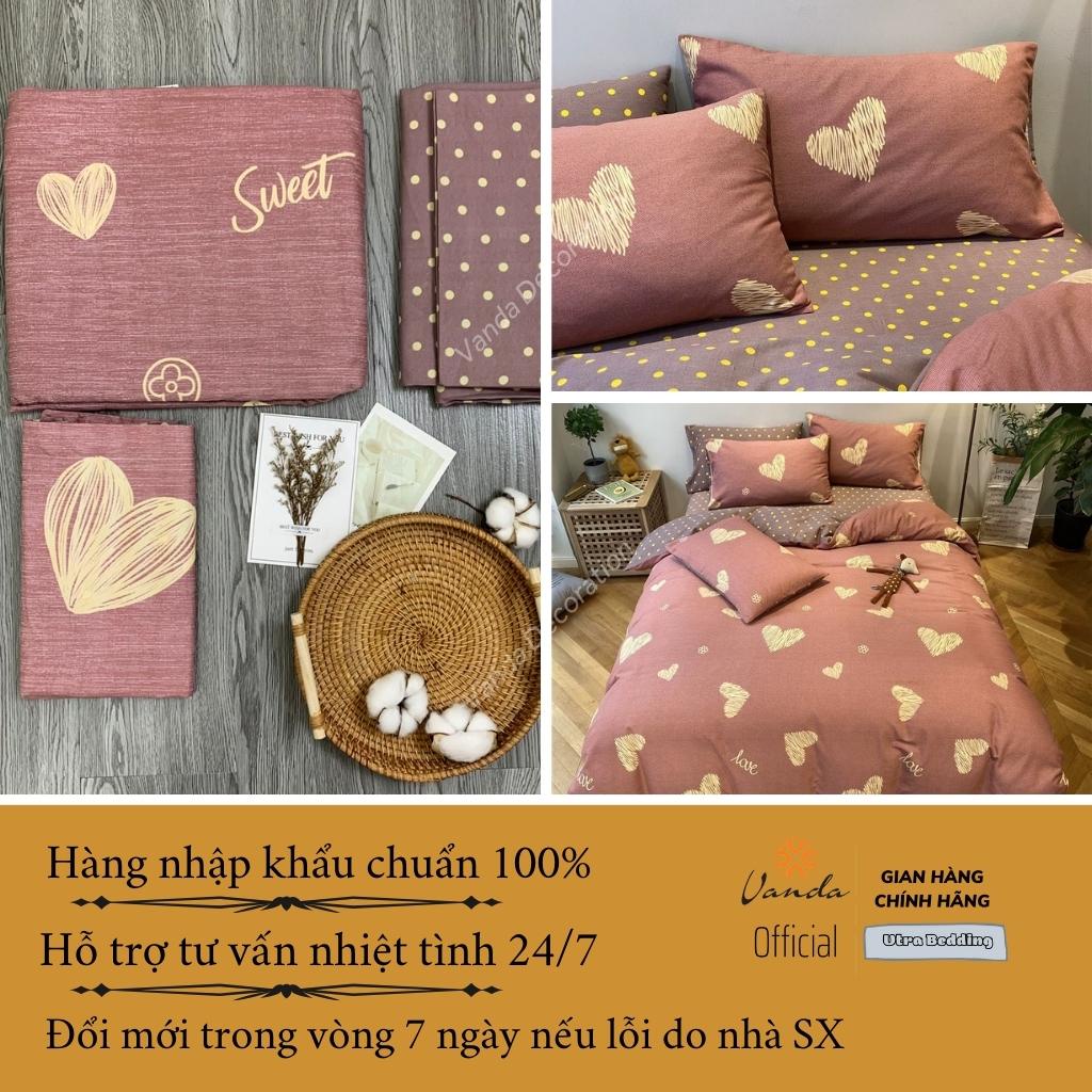 Bộ chăn ga gối Cotton Poly Vanda nhập khẩu họa tiết Trái tim Miễn Phí bo chun drap giường