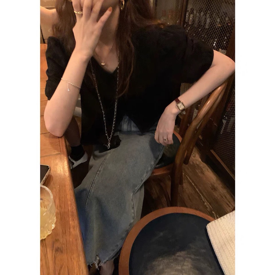 Áo sơ mi tay phồng cổ chữ V dáng rộng phong cách pháp cho nữ