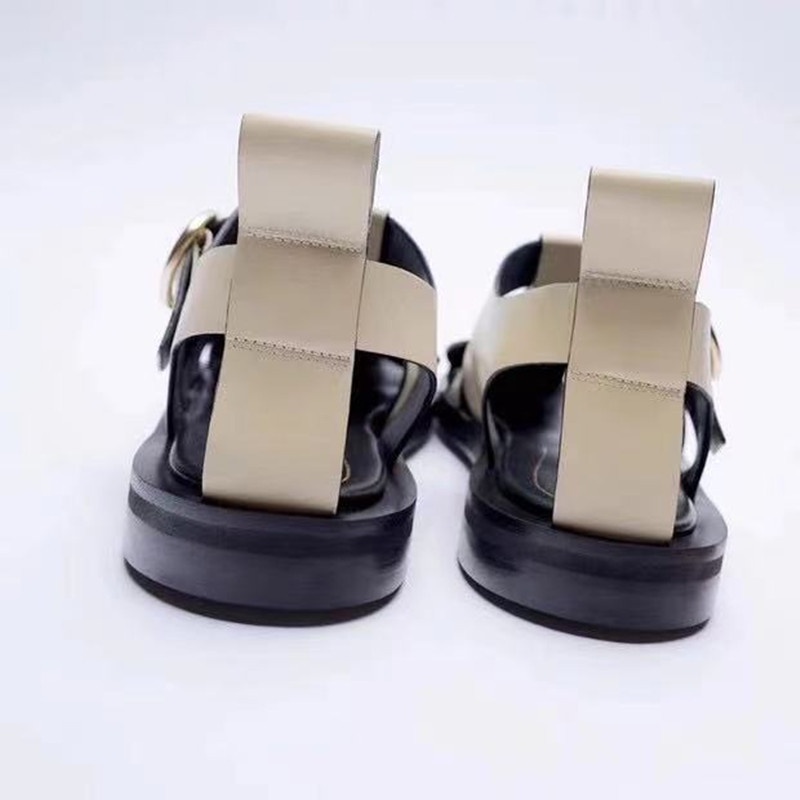 2022ZARA trendy new light beige round head leather flat sandals for women