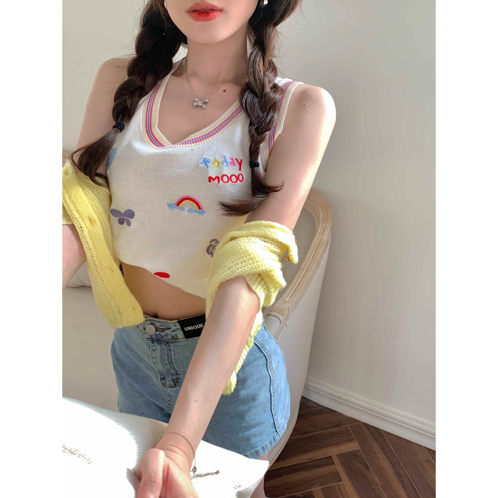Áo croptop dệt kim không tay thêu họa tiết thời trang năng động cho nữ