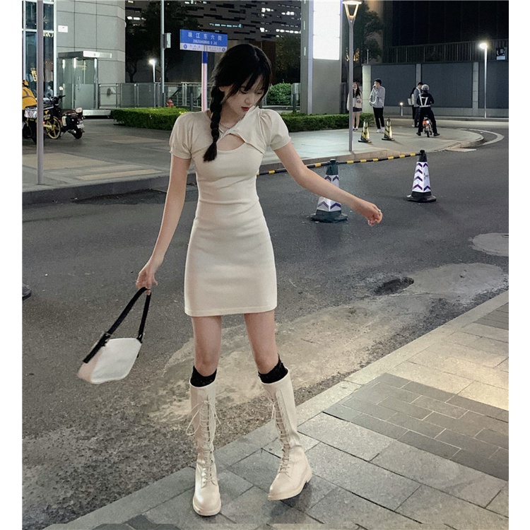 Xiaozhainv Đầm Dệt Kim Tay Ngắn Dáng Ôm Phong Cách Hàn Quốc Dành Cho Nữ