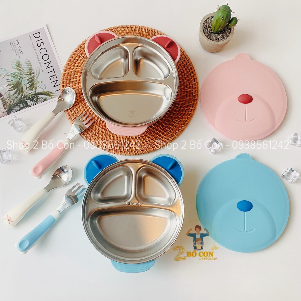 Bát ăn dặm chống đổ có nắp đậy cho bé - Khay ăn dặm chống lật inox và nhựa hình gấu cho bé Happypig