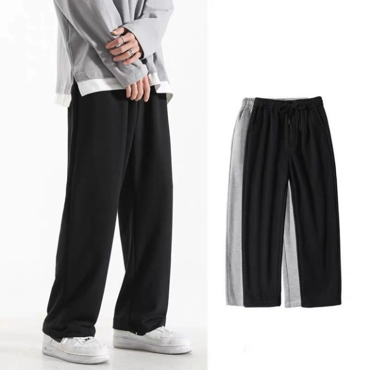 Quần dài ống rộng trơn basic - Quần trơn 2 màu ĐEN XÁM - Ống suông vải cotton mịn dày co dãn | BigBuy360 - bigbuy360.vn