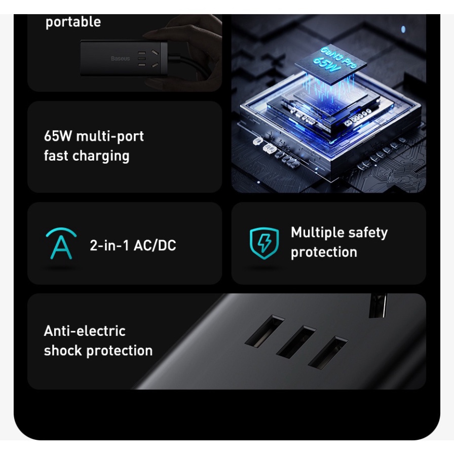 Bộ sạc nhanh đa ngăng 5 in 1 65W - 100W Baseus GaN3 Pro Desktop Powerstrip cho điện thoại và Laptop