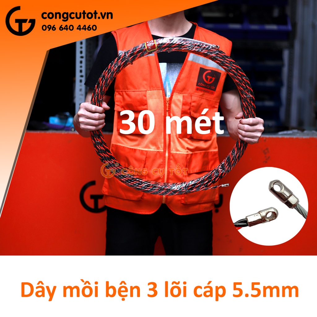 Dây mồi bện 3 lõi cáp Ø6mm cực khỏe vằn đỏ đen dài 30m