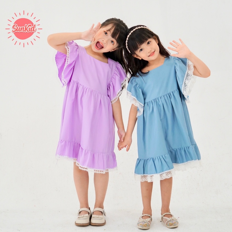 Váy đầm bé gái dáng suông vải trượt nhật cao cấp mùa hè Sunkid PP màu xanh,màu tím 4-12 tuổi