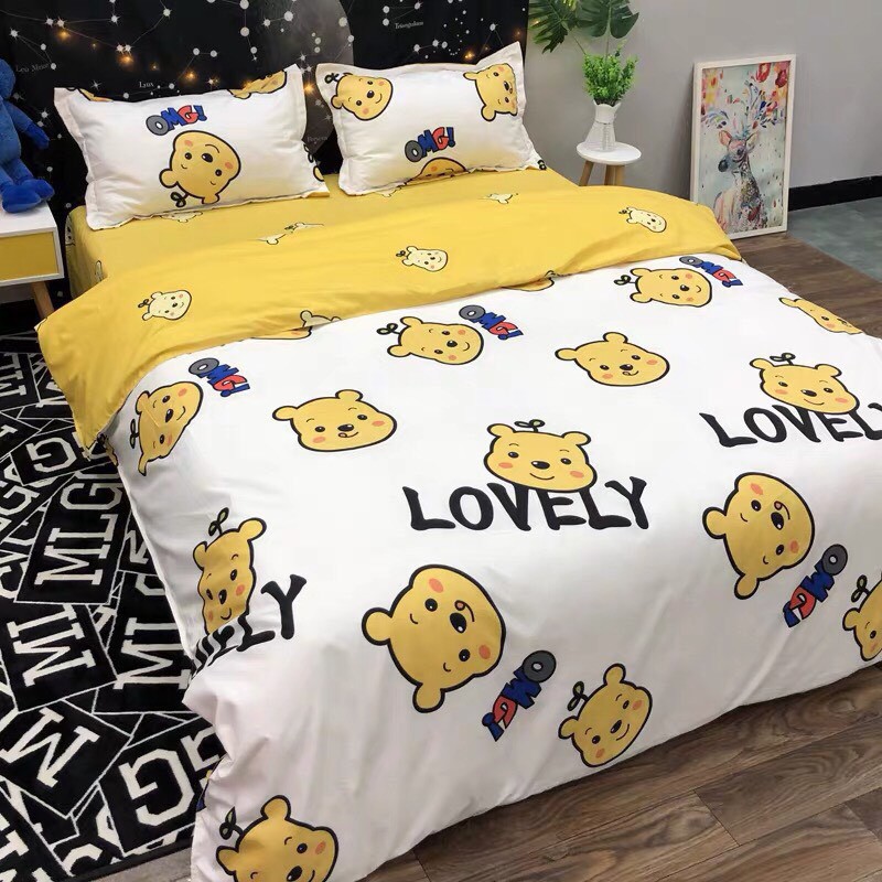 Bộ chăn ga Cotton Poly M2T bedding chăn ga Hàn Quốc họa tiết Gấu vàng đủ size miễn phí bo chun