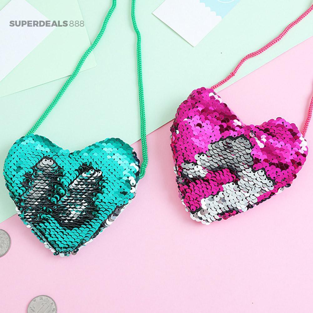 SUPER FASHIONʚ♥Sweet Baby Heart Kids Girls Sequins Glitter Crossbody Bag