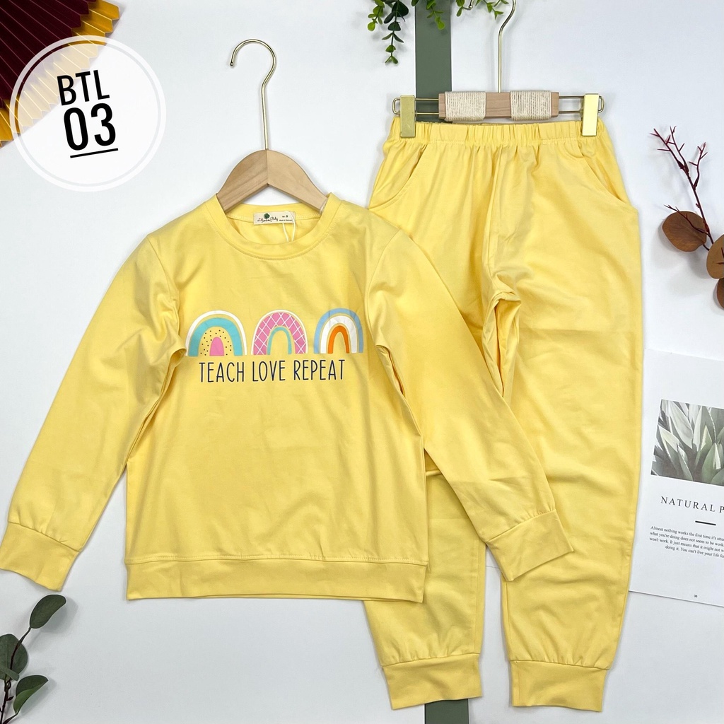 Đồ bộ quần áo dài tay cotton mùa thu đông cho bé gái LITIBABY, hình cầu vồng, size 9, 10, 11, 12, 13, 14 tuổi
