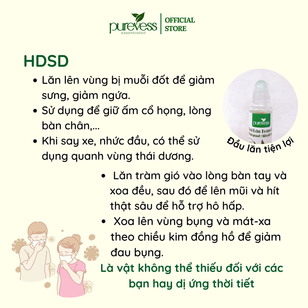 Tinh dầu Tràm Purevess, với thiết kế đầu lăn tiện lợi giúp giảm đau đầu và đuổi muỗi. 10ml