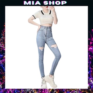 Quần jean nữ lưng cao màu xanh rách kiểu, vải jean co giãn mềm mịn thời trang cao cấp Miashop – QJNMA706