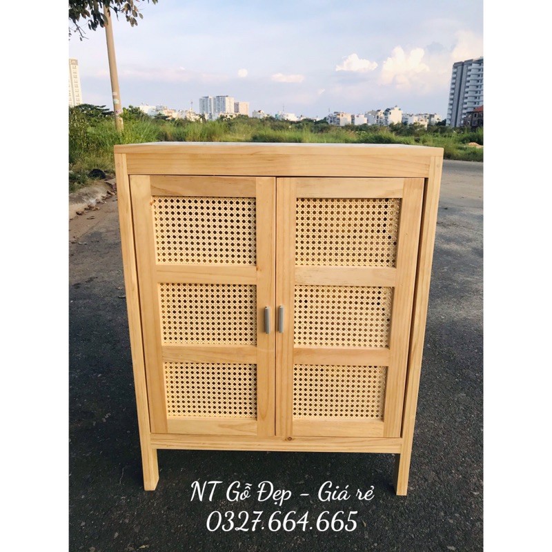 CABINET - TỦ GỖ THÔNG PHỐI MÂY MẮT CÁO VINTAGE