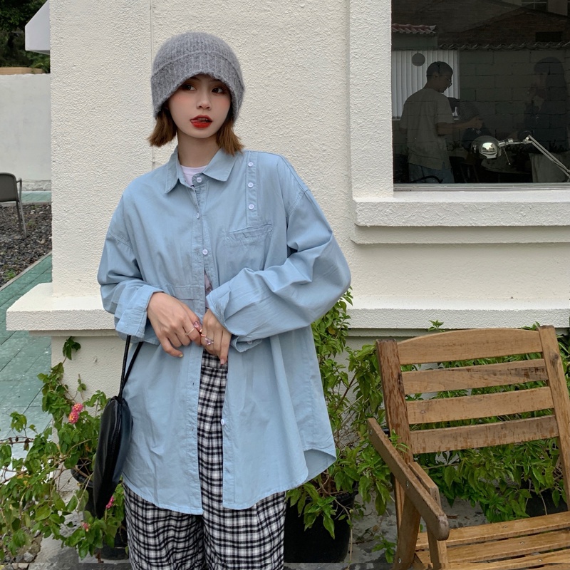 SUXI Áo sơ mi tay dài dáng rộng phong cách Hàn Quốc thời trang dành cho nữ