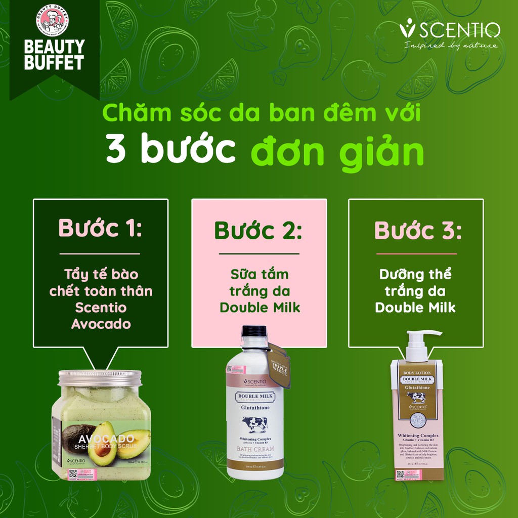 Combo sữa tắm trắng da Double Milk 350ml và Tẩy tế bào chết body làm sáng mịn da Scentio Avocado 350ml