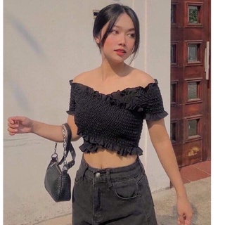 ÁO TRỄ VAI NHÚN CHÉO NGẮN TAY 2 MÀU TRẮNG ĐEN🌸❤️🌸🌸