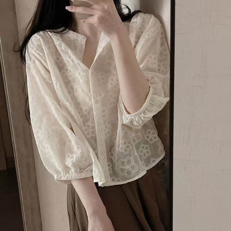 Hàng Mới Về Áo Sơ Mi Tay Dài Thêu Hoa Dáng Rộng Phong Cách Hàn Quốc Cho Nữ Hàng Có Sẵn