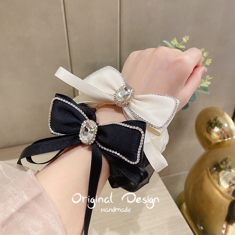 Dây Buộc Tóc Cao Su Co Giãn Phối Họa Tiết Nơ Kim Cương Cổ Điển Thời Trang Hàn Quốc Cho Nữ