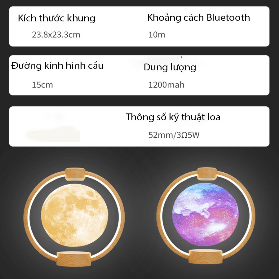 Đèn quả cầu xoay led 3D tích hợp loa bluetooth, đèn ngủ led chất liệu cao cấp tiết kiệm điện, đèn ngủ mặt trăng