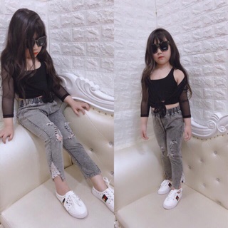 Quần jean cạp chun gấu pha ren cho bé gái sành điệu