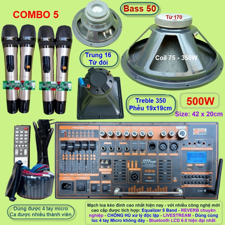 Mạch loa kéo 5 tấc đơn 500W Reverb chống hú DSP Livestream Equalizer 5 Band  kèm 4 tay Micro