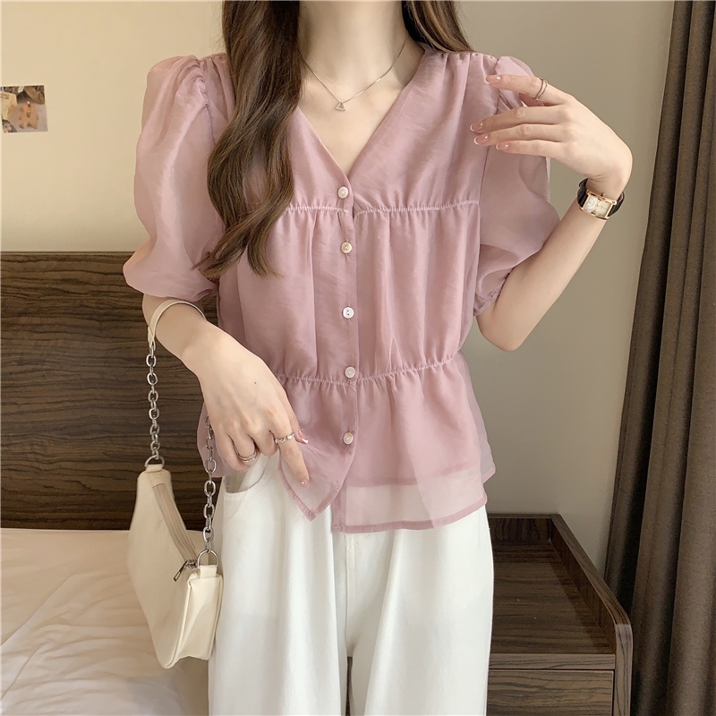 Áo Sơ Mi Ngắn Tay Cổ v Ôm Eo Thời Trang Mùa Hè Phong Cách Phương Tây Mới Cho Nữ