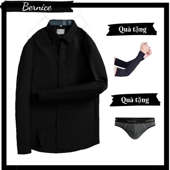 Áo Sơ Mi Đen BERNICE MAN - Không Nhăn - Không Bám Bụi - Cổ phối Burbbery Rêu