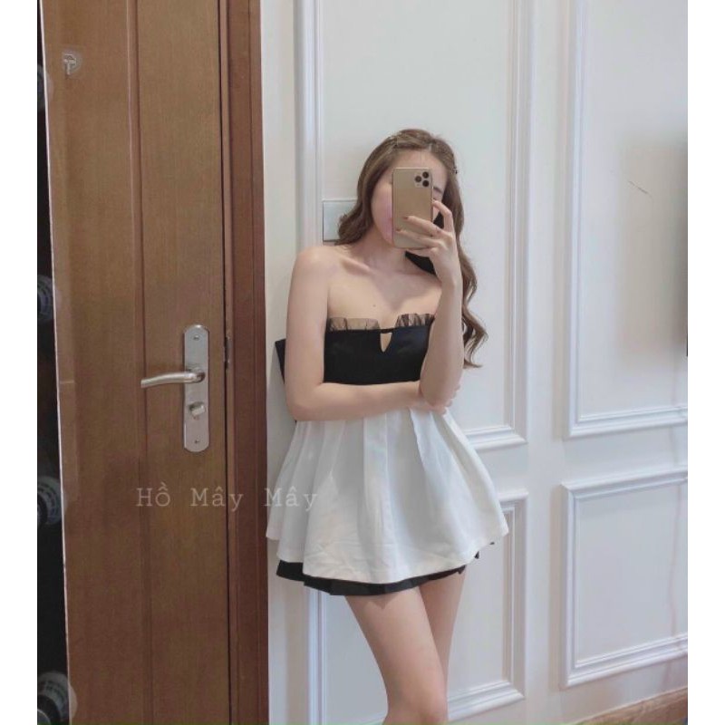 SET ĐẦM TRẮNG XOÈ XẾP LI PHỐI CÚP NGỰC VOAN ĐEN NƠ LƯNG + CHÂN VÁY ĐEN