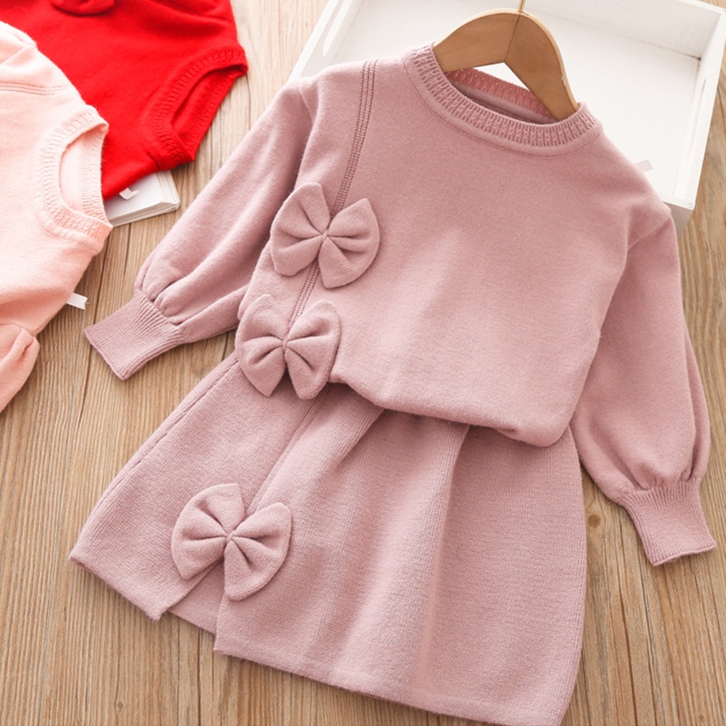 Bộ Áo Sweater Dệt Kim Đính Nơ Phối Chân Váy Dễ Thương Thời Trang Thu Đông Cho Bé Gái