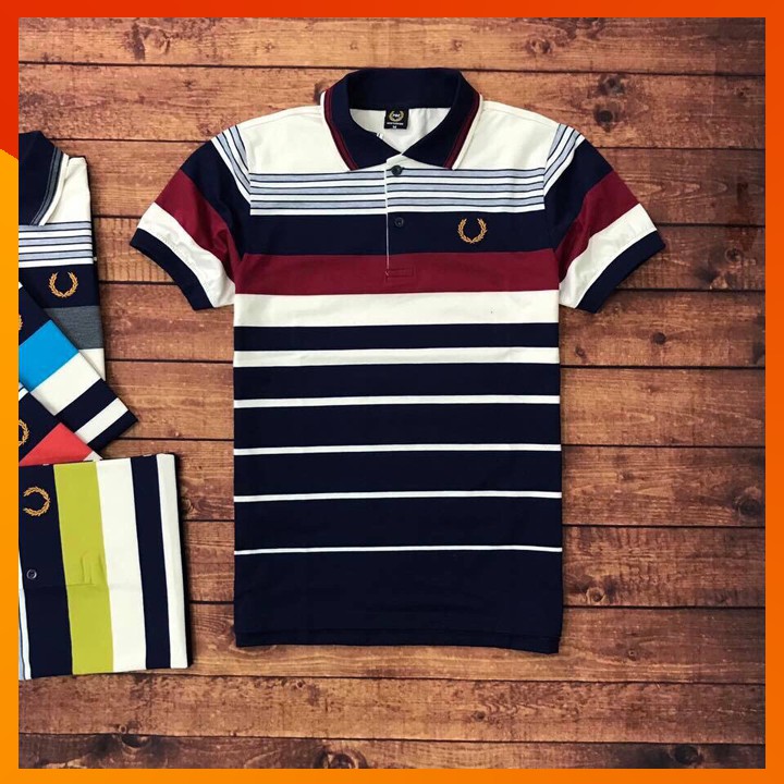 Áo Thun Nam 🎁FREESHIP – HÀNG CHẤT LƯỢNG🎁 Cổ Bẻ Tay Ngắn Kẻ Sọc Thêu Bông Lúa, Thun Cotton 100% 4 Chiều