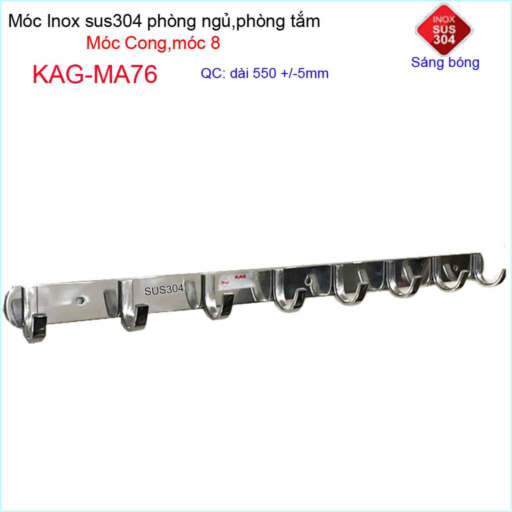 Móc cong treo quần áo inox 304 cao cấp dày, móc Kace 8 móc treo đồ nhà tắm KAG-MA76