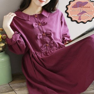 Đầm babydoll tím phối giả nơ trước ngực