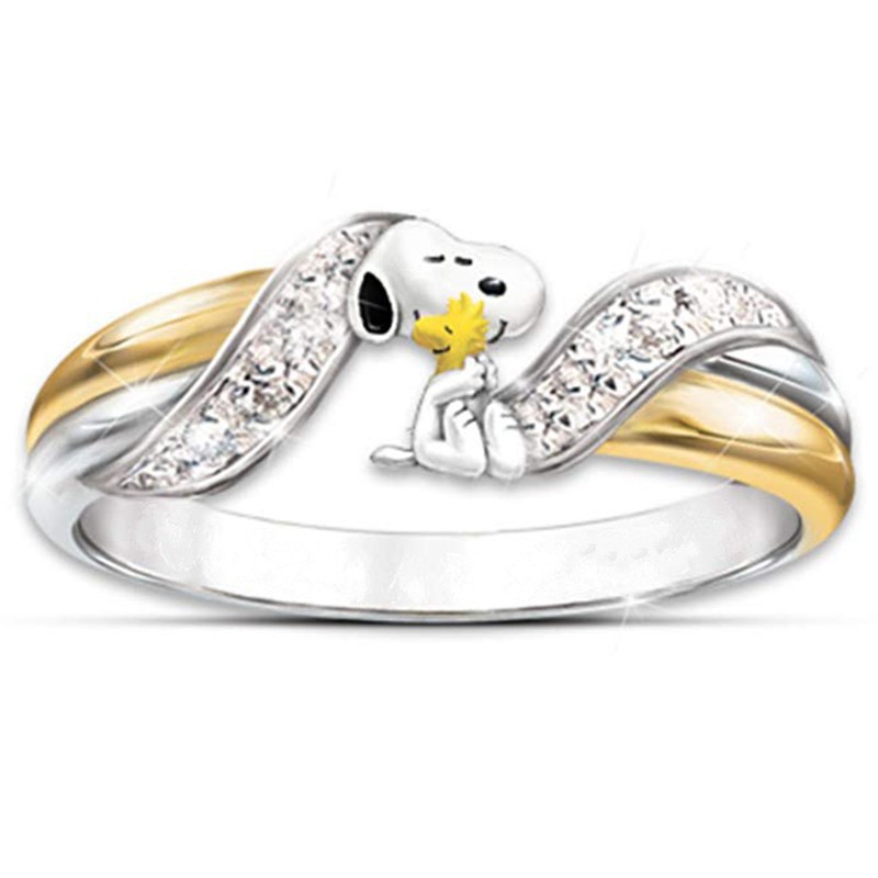 Aifei Jewellery Women Ring Snoopy Mosaic Diamond 925 Sterling Silver 18K Gold Plating R319