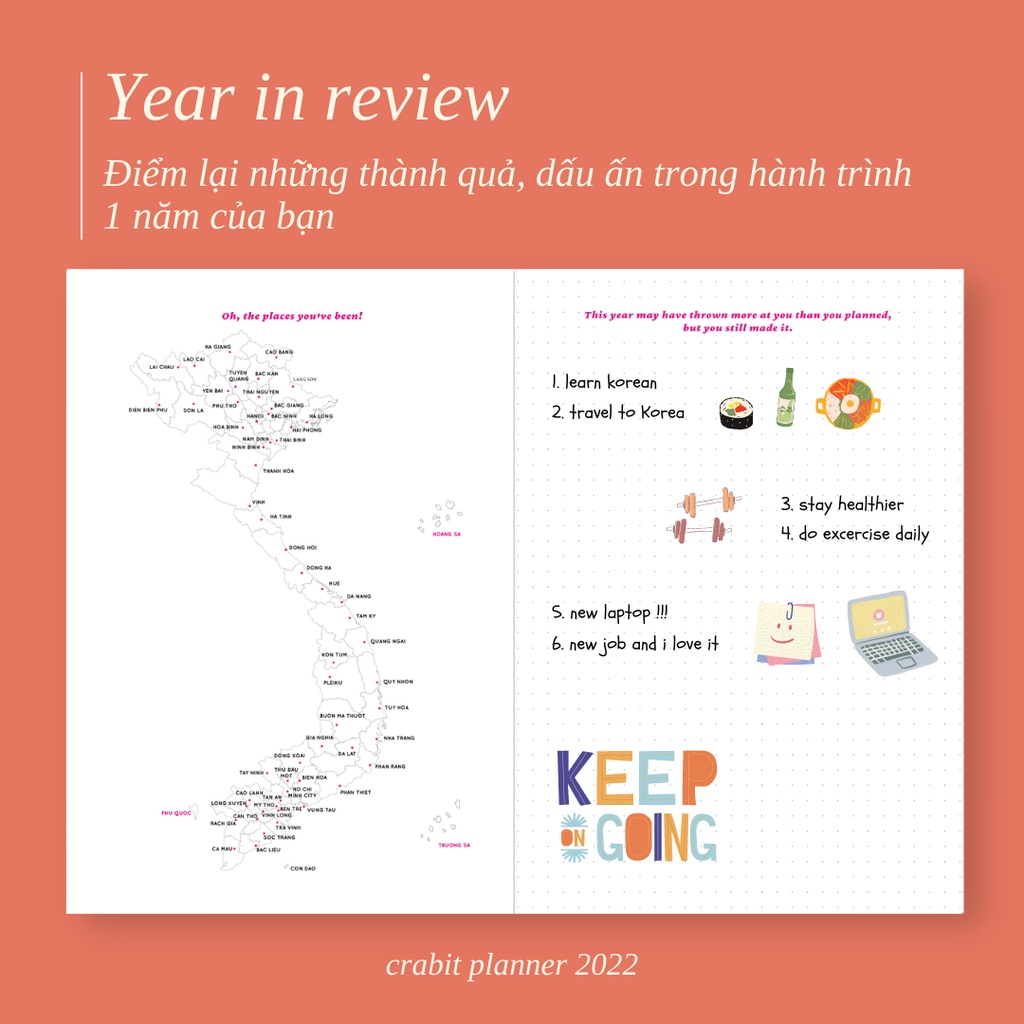 Sổ lịch planner A5 Crabit Sổ kế hoạch 12 tháng không in ngày bìa pastel có túi bìa sau