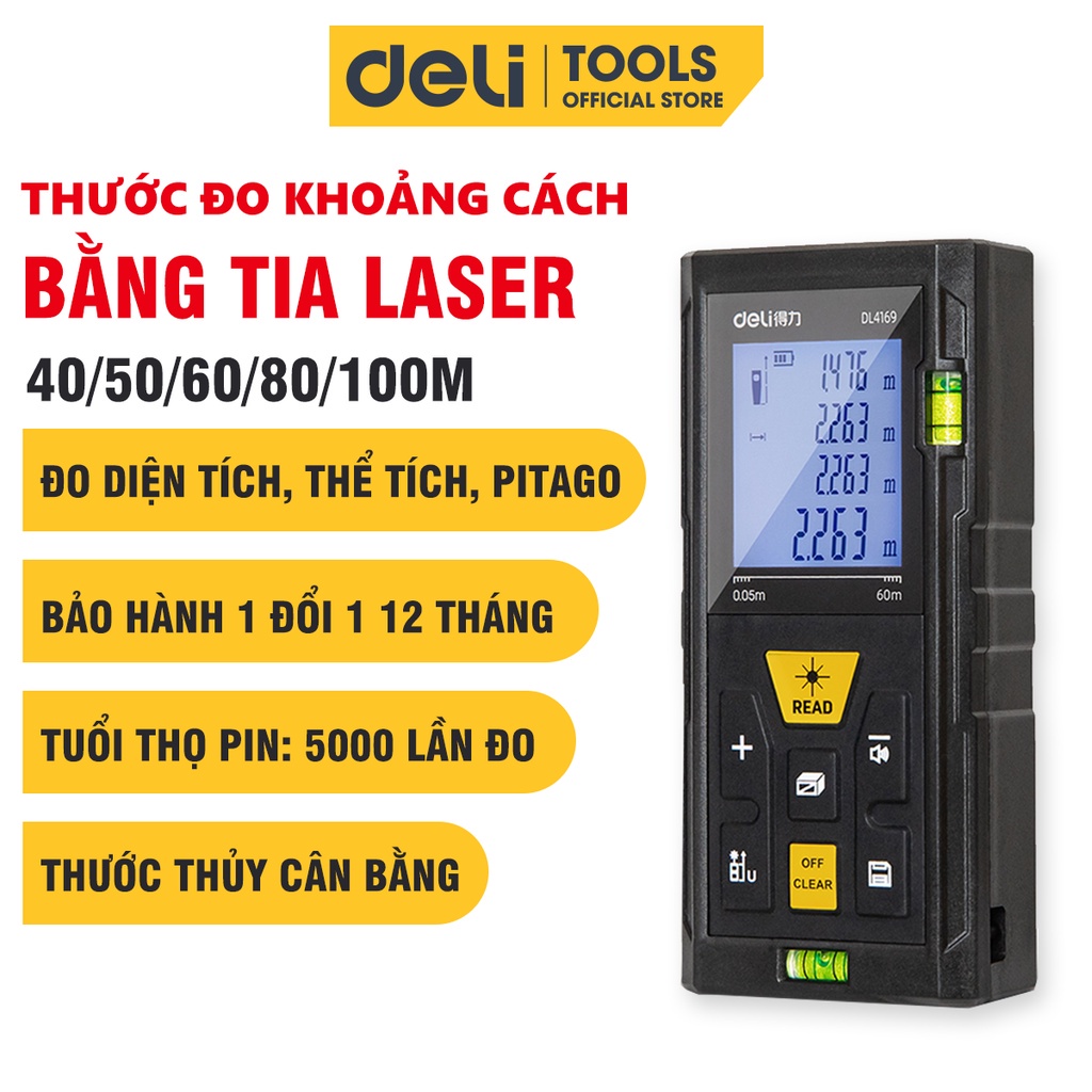 Máy Đo Khoảng Cách Laser Deli Chính Hãng Loại 40m đến 100m Đa Năng - Dễ Dàng Sử Dụng Từ Xa - Chính xác cao