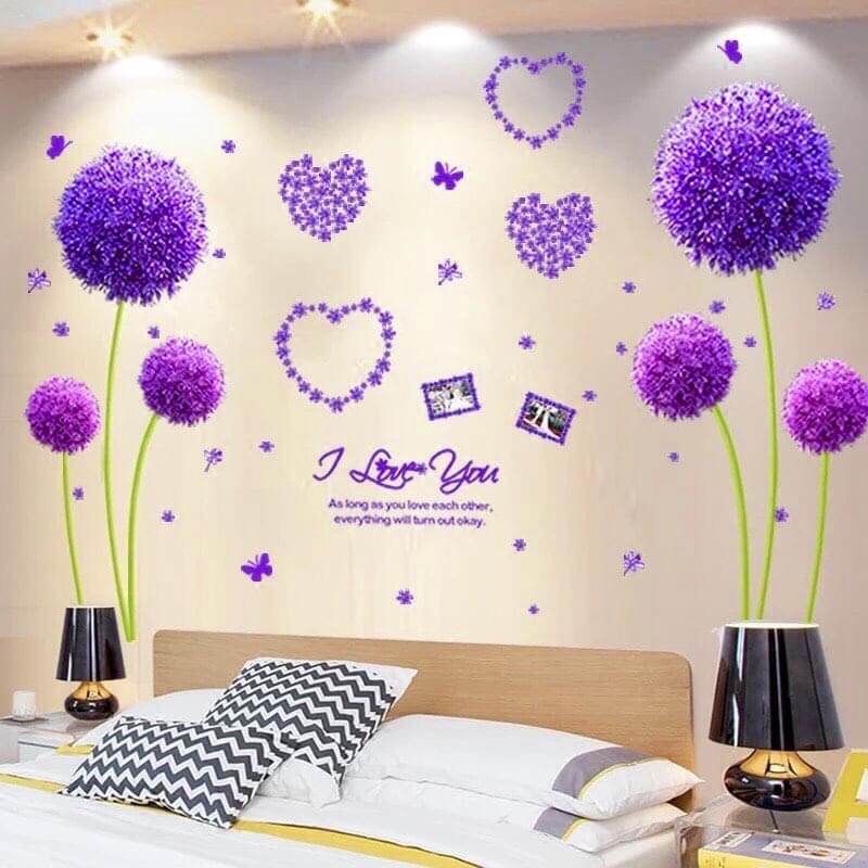 Decal dán tường tú cầu tím trang trí phòng ngủ
