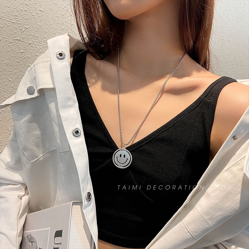 Dây chuyền thép titan có mặt xoay được hình mặt cười và mặt khóc đơn giản thời trang cá tính dành cho nam và nữ