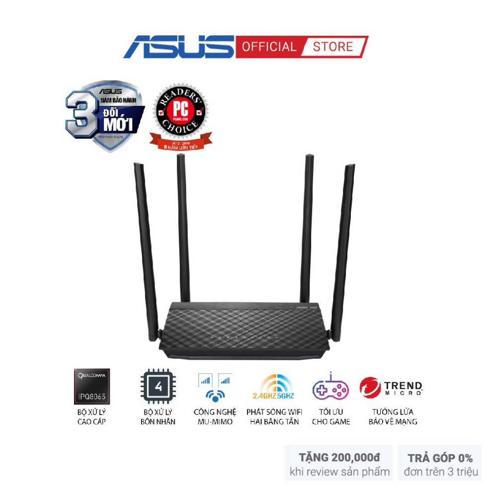 Router Wifi ASUS RT-AC1500UHP (Dũng Sĩ Xuyên Tường) Chuẩn AC1500 MU-MIMO, 2 băng tần, USB, Stream 4K