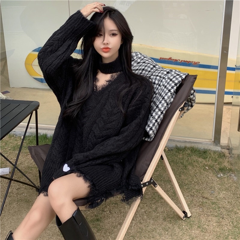 Áo len xẻ tà mix viền ren xinh xắn for girl