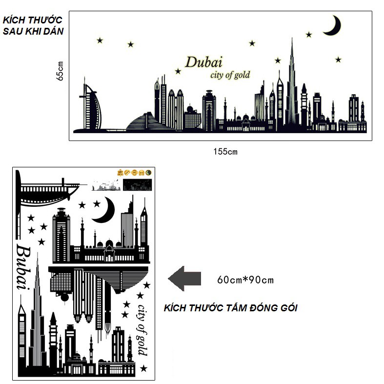 (HCM) Tranh dán tường dạ quang thành phố Dubai hào nhoáng DDQ001 decalhcm