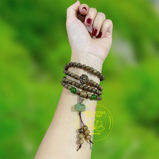 Vòng trầm hương tự nhiên mix charm hoa sen đá - Chuỗi tràng 108 hạt -Trầm hương tốc vườn