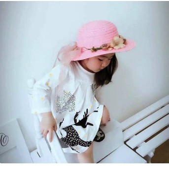 Mũ cói bé gái Hàn quốc kết đai hoa