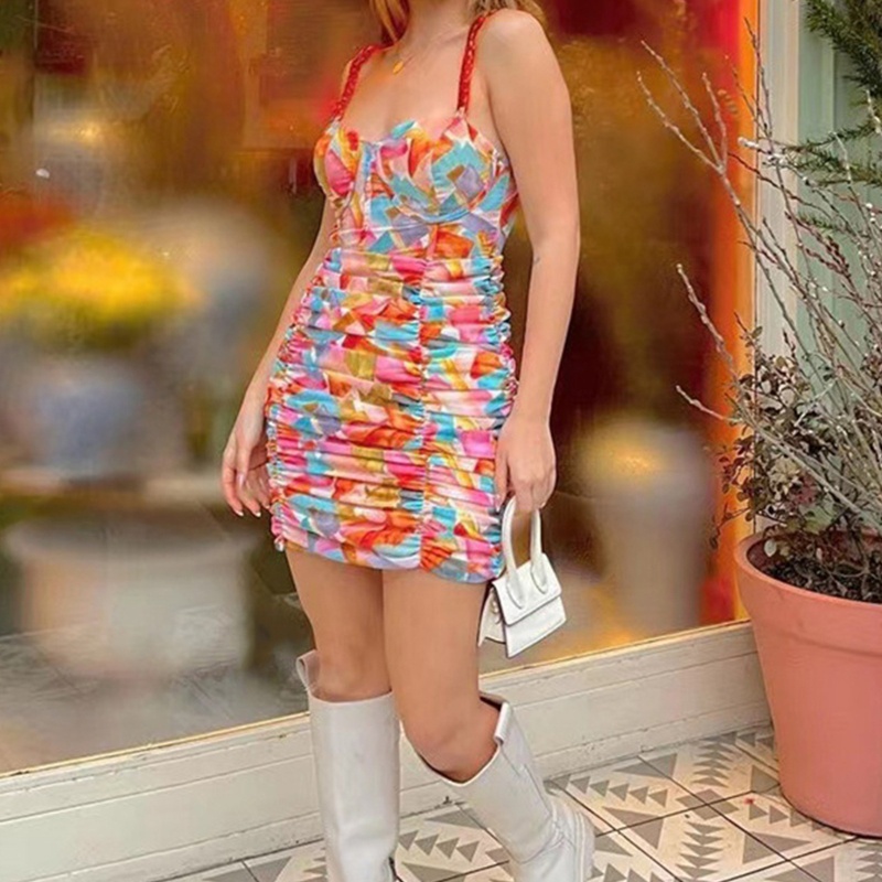 Đầm hai dây dáng ôm họa tiết hình học nhiều màu phong cách cổ điển quyến rũ cho nữ