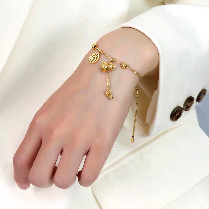 Vòng tay titan nữ không gỉ không phai màu thiết kế dạng bi tròn chữ phúc lộc may mắn thời trang cổ điển thanh lịch 2022