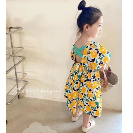 Váy hè bé gái - Váy hoa 2 màu đan dây chéo sau lưng tay bồng siêu xinh cho bé 1-5 Tuổi